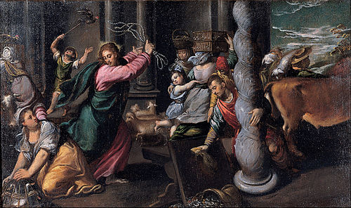 Driving of the merchants from the temple, 1580, Scarsellino