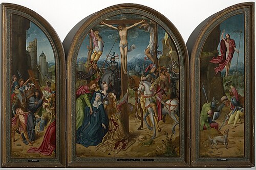 Tryptich of crucifixion with scenes of the carrying of the cross and the resurrection, 1510, Adriaen van Overbeke