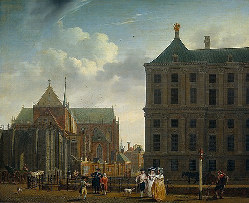 De Nieuwe Kerk met de achterkant van het Stadhuis, 1785, Isaac Ouwater