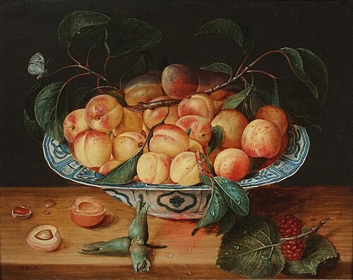 Still life with peaches in a Chinese bowl, 1650, Gillis Jacobsz. van Hulsdonck