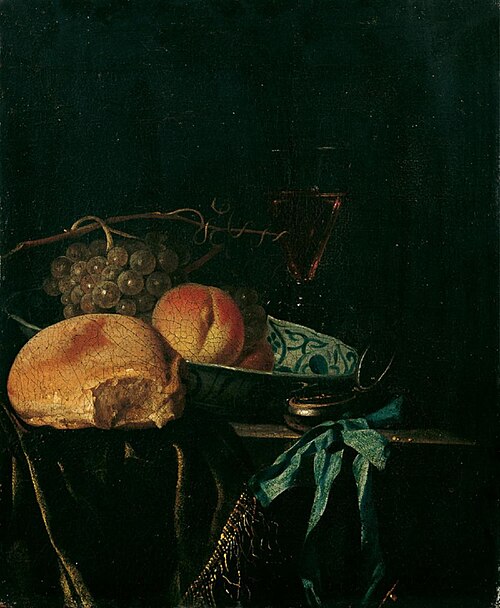 Still life with bread, grapes, fruit in a Wanli bowl and an hour glass, 1660, Gillis Jacobsz. van Hulsdonck