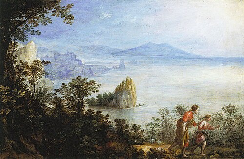 Coastal Mountain Landscape with Tobias and the Angel, 1620, Marten de Cock