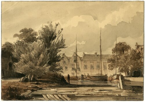 Een balkenhaven in een stad, , Lambertus Hardenberg