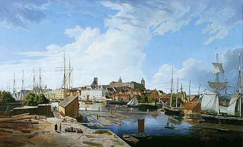 View from the Lastadie Oder Island to the Stettin Castle and Old Town, 1836, Ludwig Eduard Lütke