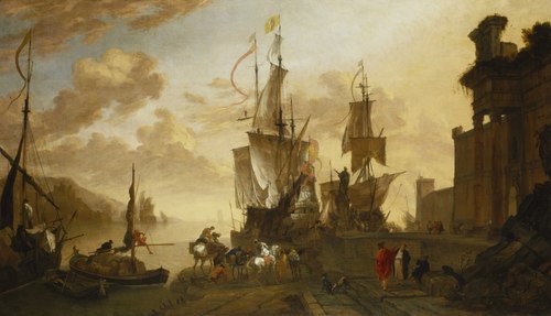 Italianate Harbour Scene with the Monument of Ferdinand I de’ Medici at Leghorn, 1670, Hendrik van Minderhout