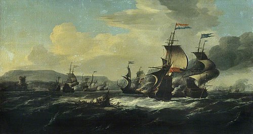 A battle between the Dutch and Barbary pirates near the coast, , Hendrik van Minderhout