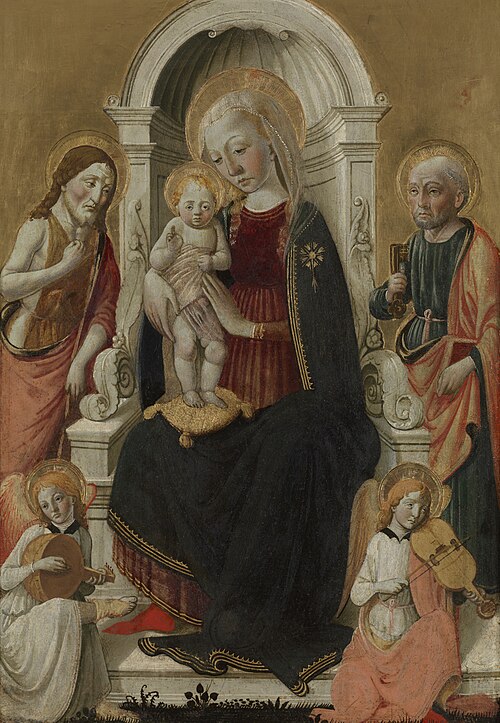 La Vierge à l’Enfant avec saint Jean-Baptiste, saint Pierre et deux anges musiciens, 1467, Biagio di Antonio Tucci