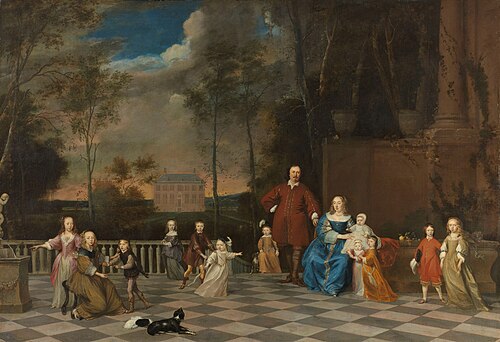 Portrait of the Amsterdam merchant Jeremias van Collen (1619-1707), with his wife and their twelve c, 1655, Pieter van Anraedt