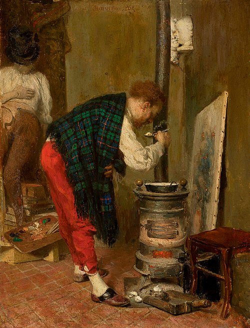 Artist's studio with self-portrait., 1868, Leopold Horovitz