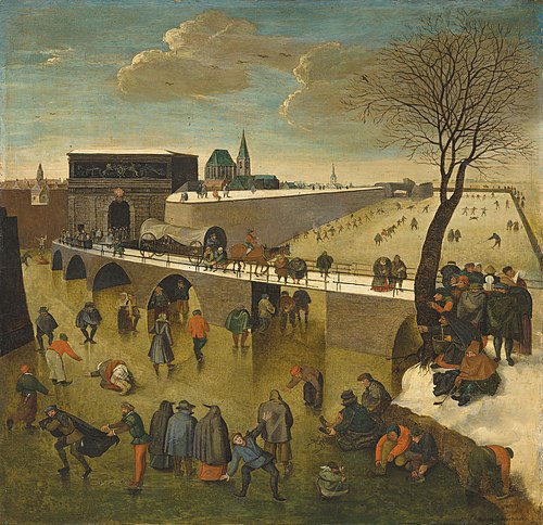 Winter landscape with ice skaters before the Gate of Saint George, Antwerp, 1615, Abel Grimmer