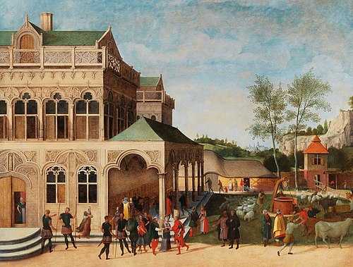 An elegant loggia with the Proposal of Isaac to Rebecca, 1620, Abel Grimmer
