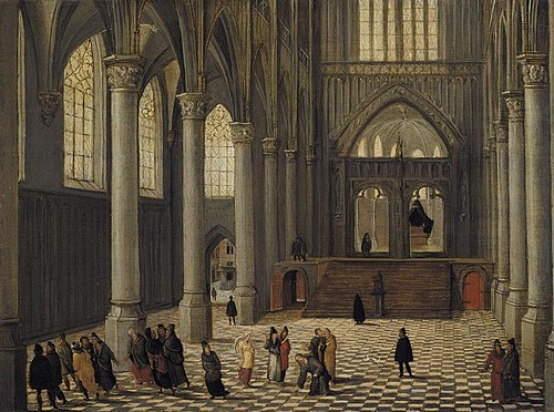 Church interior with Christ and the woman taken in adultery, 1611, Abel Grimmer