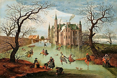 Skaters in front of Zuylen Castle in Maarssen., 1600, Abel Grimmer