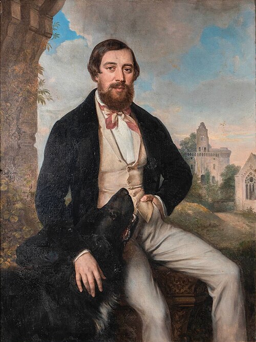 Portrait d'Alfred Walsh et son chien devant le château du Plessis-Macé, 1847, René Théodore Berthon