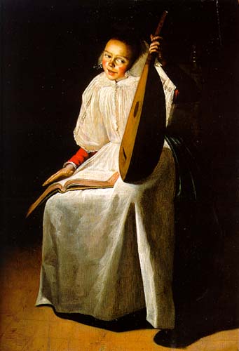 A young lady holding a lute with a music score on her lap in a candlelit interior, 1631, Judith Leyster