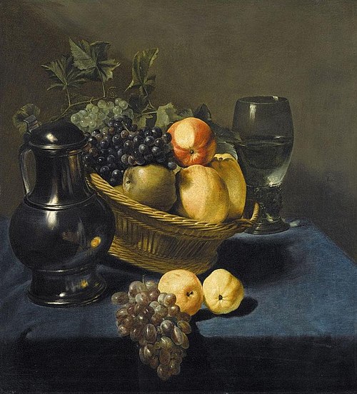 Still life with apples and grapes in a wicker basket on a table, 1635, Judith Leyster