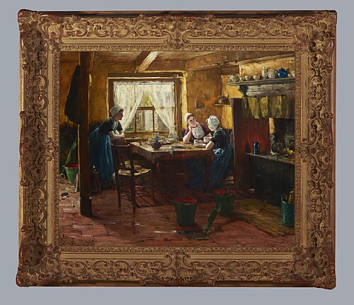 Interieur met drie vrouwen in de dracht van Walcheren, 1875–1929, , Gerard Portielje
