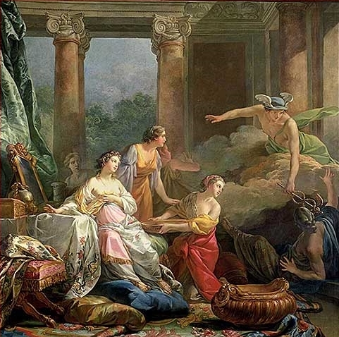 Mercure amoureux de Hersé change en pierre Aglaure qui voulait l'empêcher d'entrer chez sa sœur, 1763, Jean-Baptiste Marie Pierre