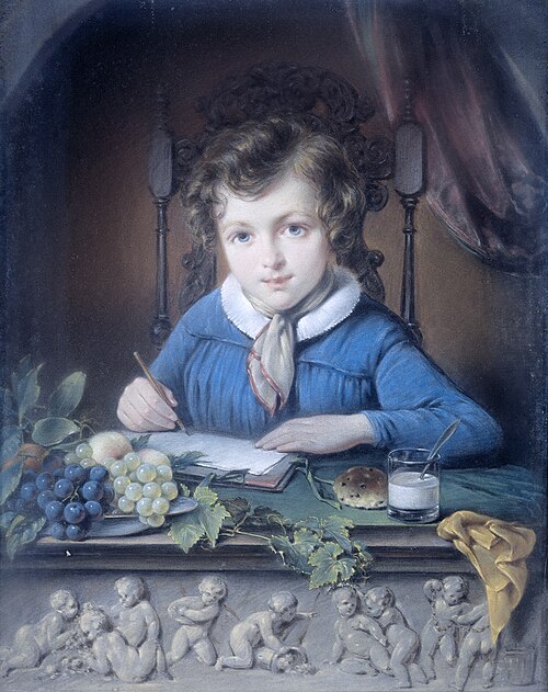 Portret van een jongen, zittend in een raamnis en gekleed in een blauw jasje, 1850, Jean Augustin Daiwaille