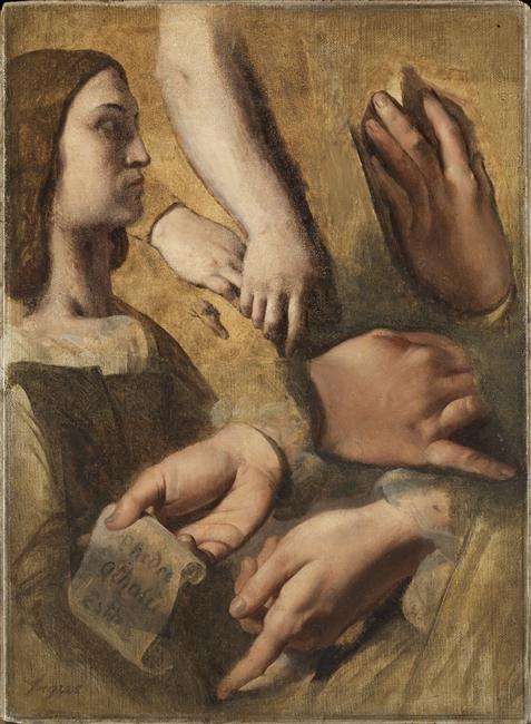 Profile of Raphael, Hands of Raphael, Racine and Poussin, studies for The Apotheosis of Homer, 1837, Jean-Auguste-Dominique Ingres