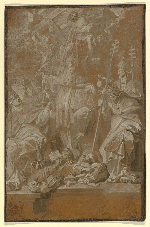 St Lambert Trampling his Murderers, Surrounded by the Four Church Fathers., 1650, Antoine Sallaert