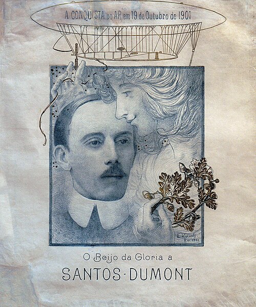 O Beijo da Glória a Santos Dumont - Cartaz - Litografia monocromática com ouro, 1901, Eliseu Visconti