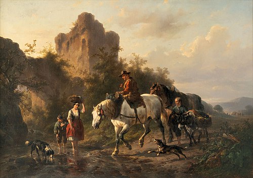 A driver with his family fording a stream, , Wouterus Verschuur