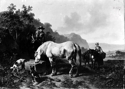 Reiter mit zwei Pferden an der Tränke und Mädchen mit Packesel (in gebirgiger Landschaft), 1837, Wouterus Verschuur