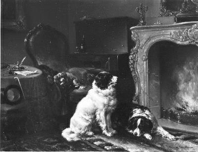 Hounds resting by a hearth, 1850, Wouterus Verschuur
