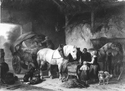 Een vrachtwagen en enige paarden in een stal, 1848, Wouterus Verschuur
