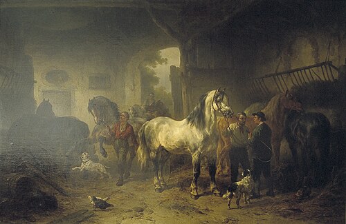 Interieur van een stal met paarden en figuren, 1862, Wouterus Verschuur
