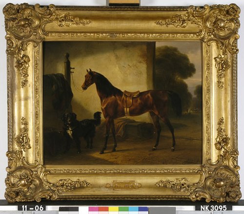 Interieur van een stal met rijpaard en hond, 1862, Wouterus Verschuur