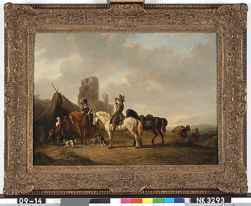Heuvelig landschap met twee cavaleristen bij een tent van een marketentster, 1846, Wouterus Verschuur