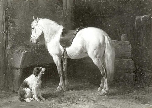 White horse and dog in stable, 1850, Wouterus Verschuur