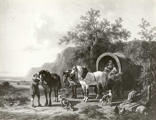 Landscape with covered wagon and horses, 1850, Wouterus Verschuur