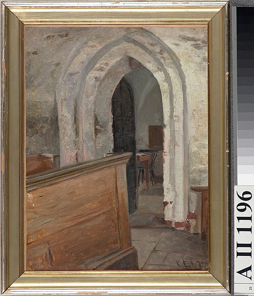 Sisäkuva Finströmin kirkosta, ovi sakaristoon, 1871, Karl Emanuel Jansson
