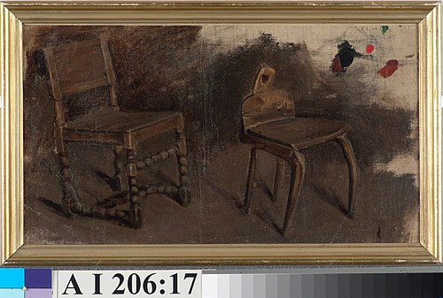 Två allmogestolar, skiss, 1870, Karl Emanuel Jansson