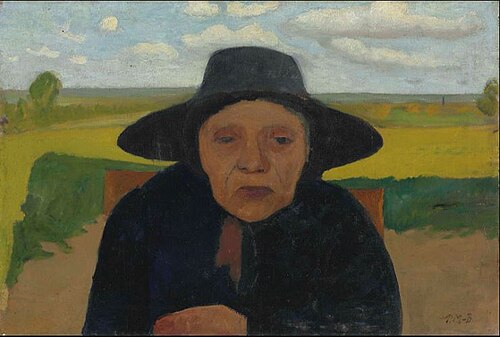 Brustbild einer alten Bäuerin mit Hut vor Landschaft, 1901, Paula Modersohn-Becker