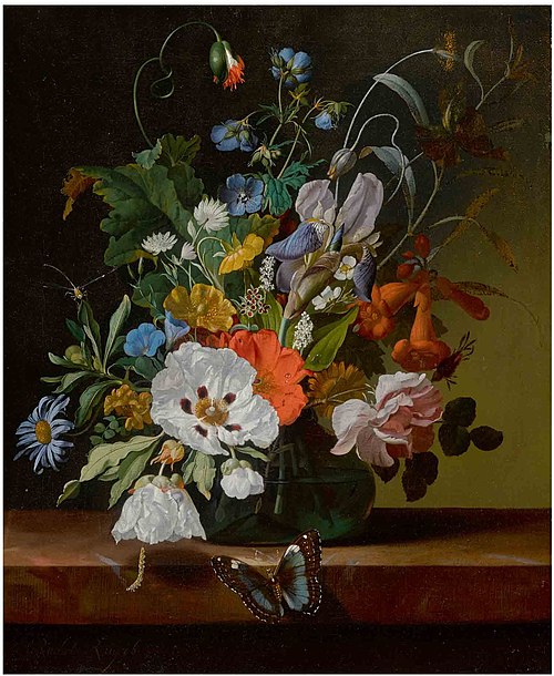 Still life with flowers in a vase on a ledge with a dragonfly, caterpillar, and butterfly, , Rachel Ruysch