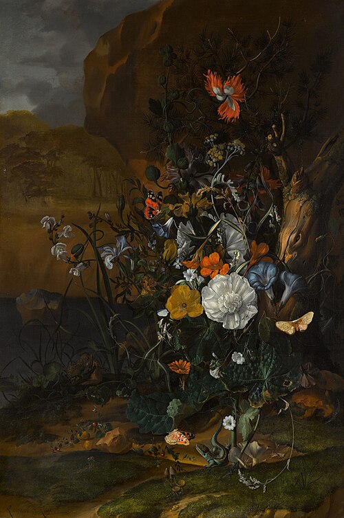 Still life of flowers, with butterflies, insects, a lizard and toads, beside a pool, 1687, Rachel Ruysch