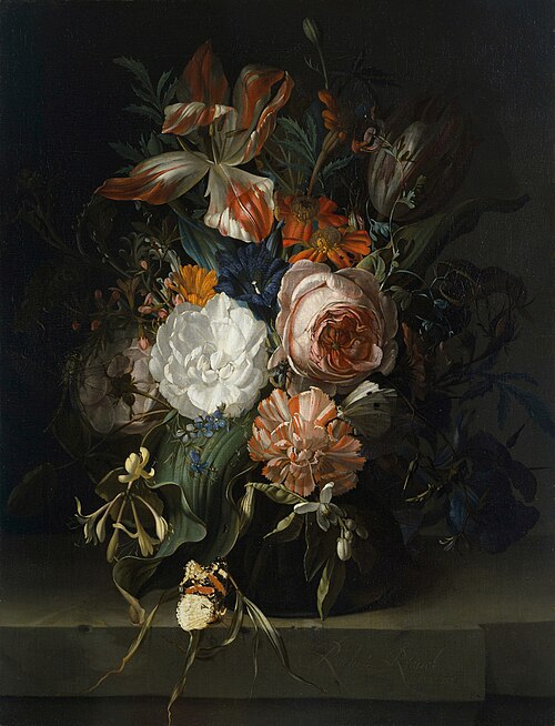 Flowers in a glass vase on a marble ledge, 1691, 1691, Rachel Ruysch