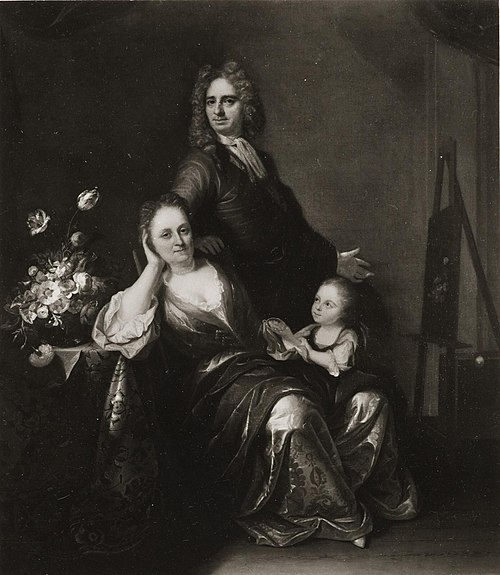 Family portrait with flower still-life in the making, 1716, Rachel Ruysch