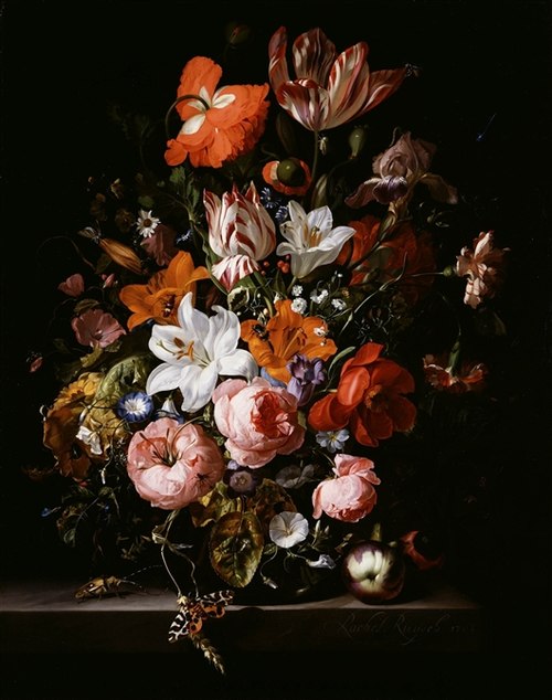 Flowers in a glass vase on a marble table, 1704, Rachel Ruysch