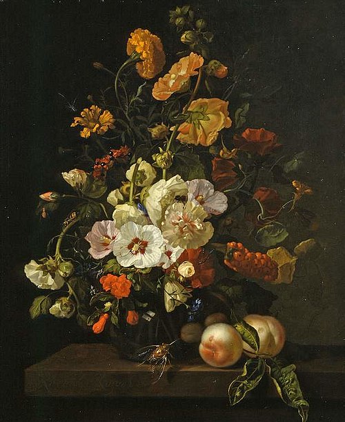 Flowers in a glass vase, with insects and peaches, on a marble tabletop, 1701, Rachel Ruysch