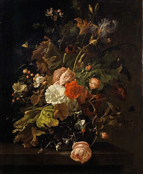 Flowers in a glass vase, on a stone table, 1701, Rachel Ruysch