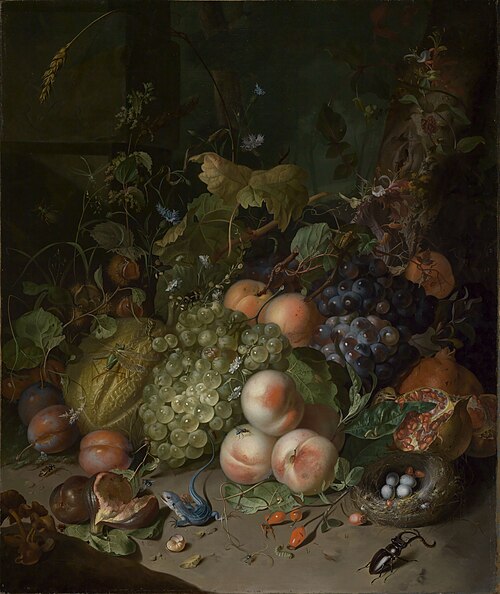 Fruit, a nest, a lizard and insects in a wood, 1717, Rachel Ruysch