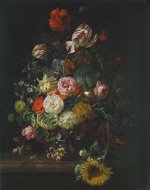 Still life of roses, tulips, a sunflower and other flowers in a glass vase with a bee, butterfly and, 1710, Rachel Ruysch