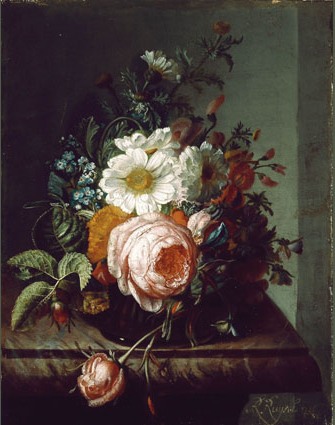 Flower bouquet on a marble table, 1746, Rachel Ruysch