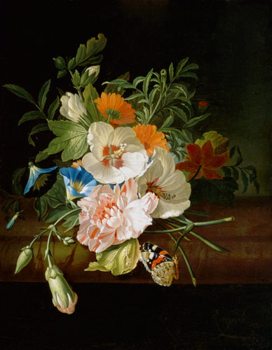 Posy of flowers, with a red admiral butterfly, on a marble ledge, 1695, Rachel Ruysch