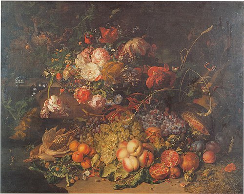 Flowers and fruit in a forest, 1714, Rachel Ruysch